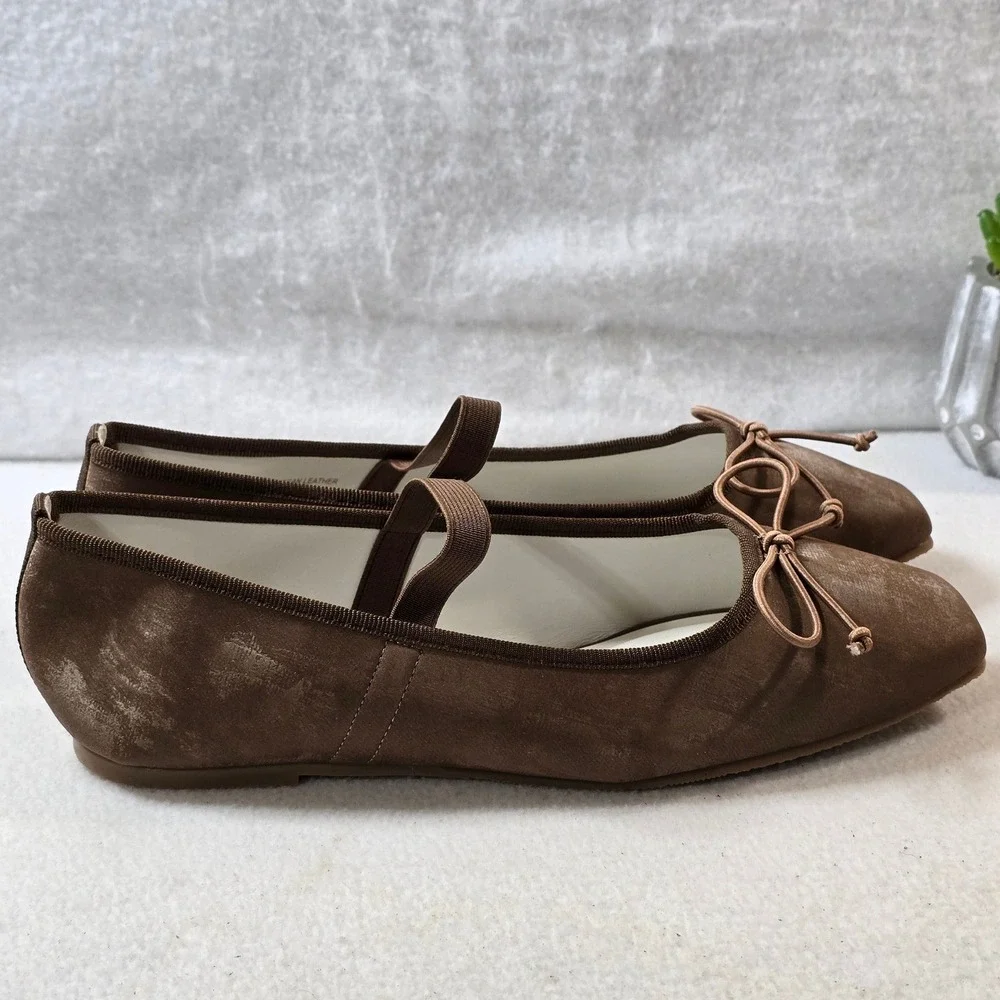 Oasis Society Brown Velvet Ballet Flats Mary Jane Vegan Leather Bow Shoes US 8.5